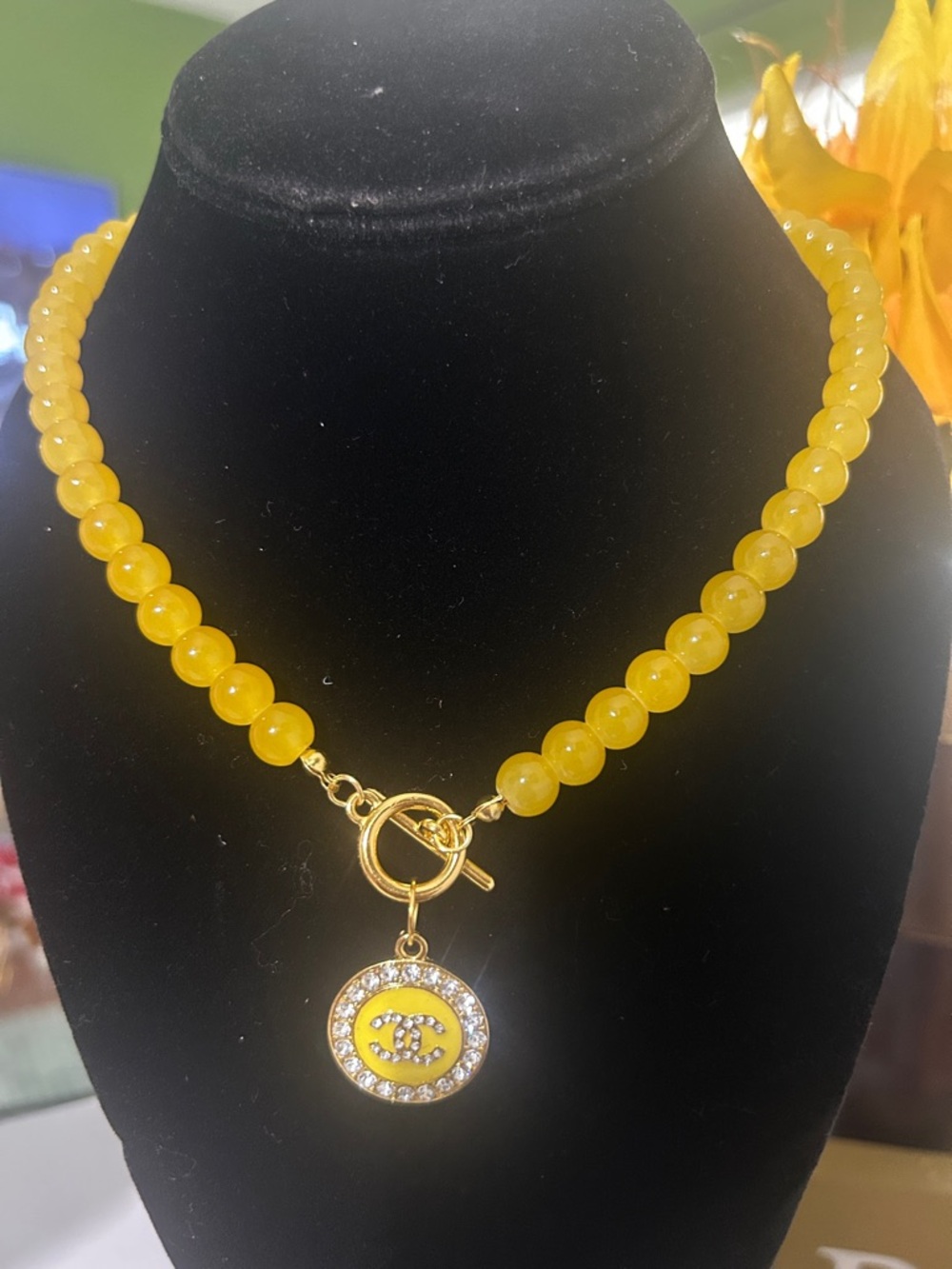 yellow Beaded Necklace with Gold-Tone Charm